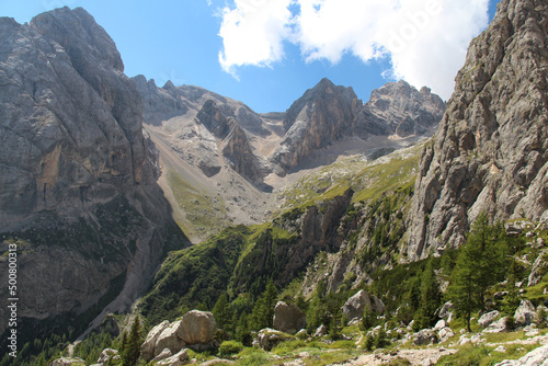 Mountain massif in a sunny day. Valle Ombretta, Italian Alps.