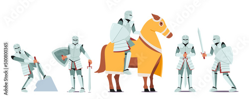 Set of Medieval Knights Wear Armor and Sword. Ancient Soldier Pull Saber from Stone  Ride Horse  Historical Character