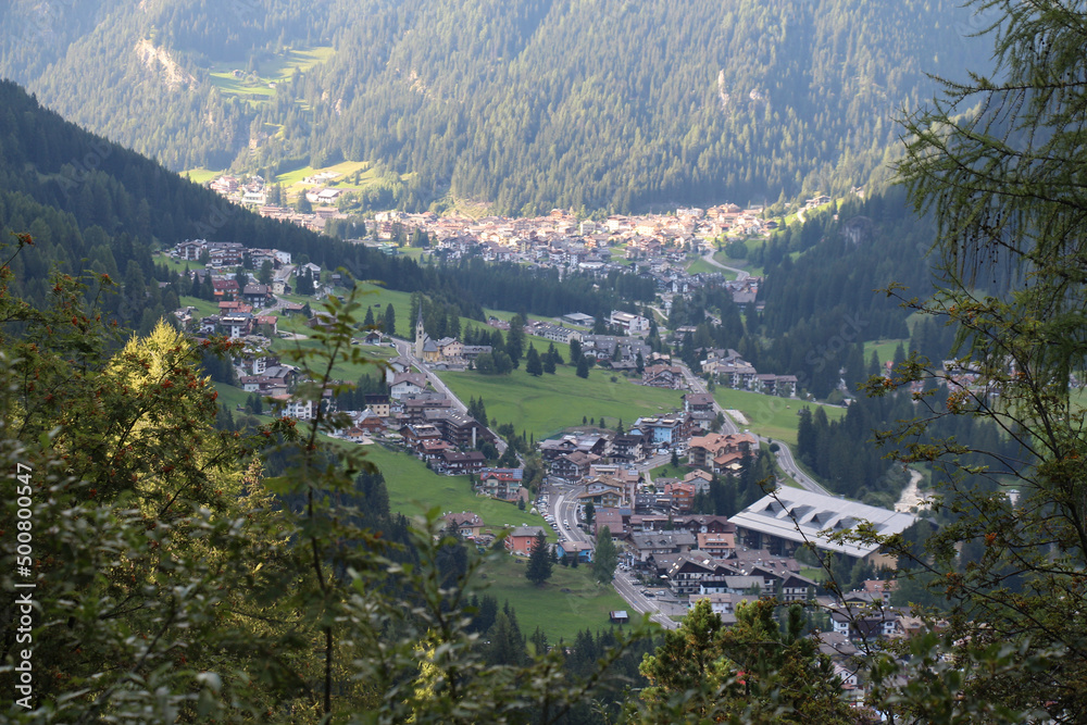 Aerial view of Alba di Canazei, Trentino, Italy.