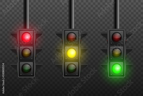 Vector 3d Realistic Detailed Road Turned on Traffic Light Icon Set Isolated. Safety Rules Concept, Design Templete. Stoplight, Traffic Lights