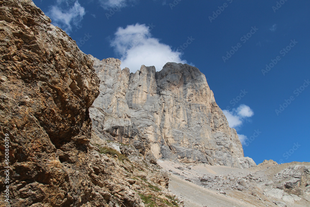 Mountain massifin a sunny day, Val Rosalia, Dolomites, Italian Alps.