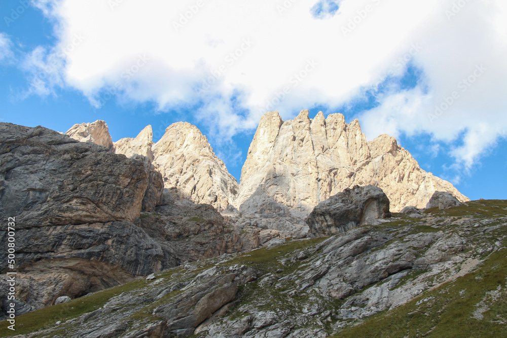 Mountain massifin a sunny day, Dolomites, Italian Alps.