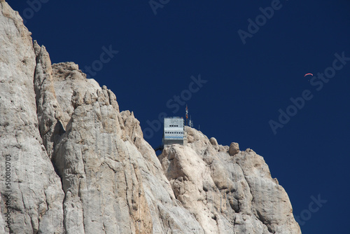 Punta Rocca 3309 m , with the mountain station for the Malga Ciapela cable car, Italian Alps. photo