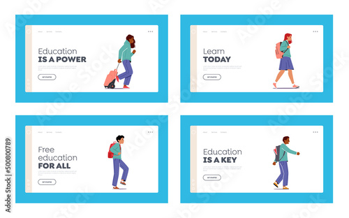 School Kids Walk with Rucksacks Landing Page Template Set. Characters Wear Uniform and Backpack Go for Education