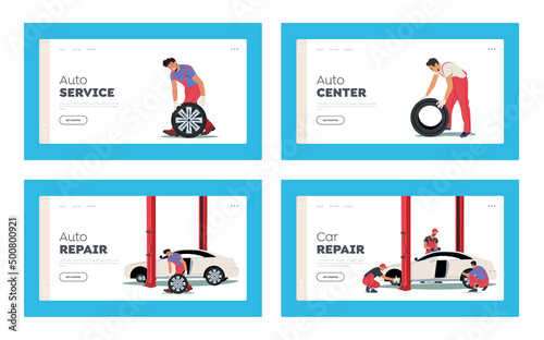 Mechanic Workshop Landing Page Template Set. Male Characters in Uniform Replace Tyres at Roadside Vehicle Repair Service