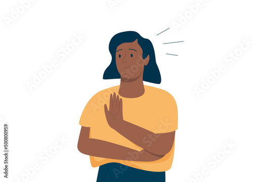 Black woman raised her hand as protest for something. African American business female stood against smth.