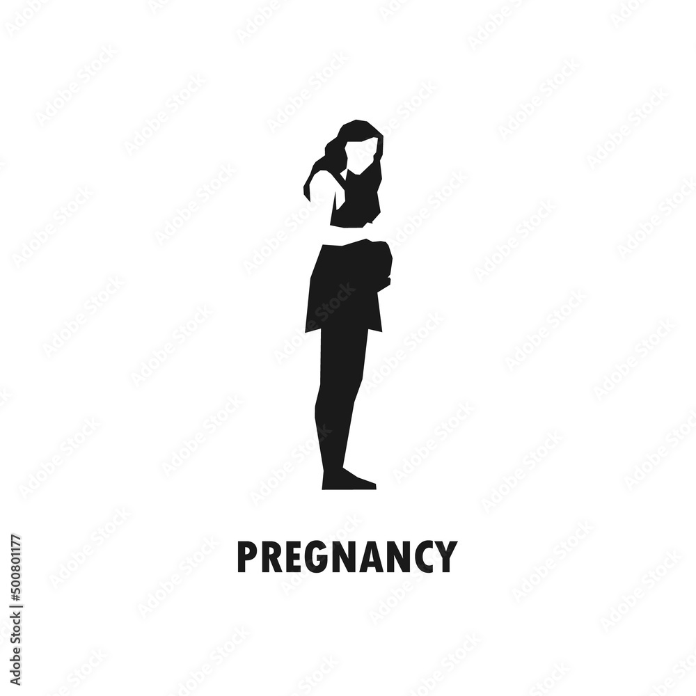 Pregnant woman touching belly simple black vector silhouette illustration.