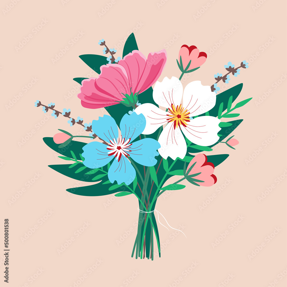 Bouquet of spring field flowers. Vector flowers are tied with a ribbon into a bouquet. Summer bloom. Beautiful garden flowers in foliage and twigs on an isolated beige background