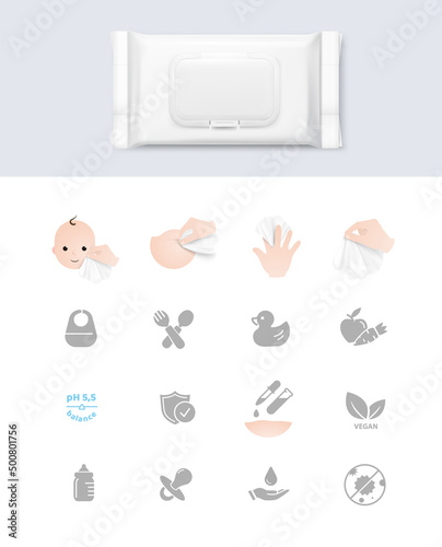 A set of icons for baby. Vector illustration on white background. Perfect for baby napkin, toys and more. EPS10.	