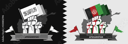 Graphics for Comparison or differences between emirate and republic groups in Afghanistan. Infographics regarding different state systems. Raised fists with map and flags of Afghanistan and Taliban. 