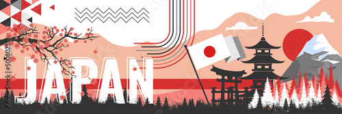 Japan flag banner with red white winter landscape theme in background. National foundation day design with famous Japanese landmarks like mount Fuji, Itsukushima Shrine. Vector illustration.