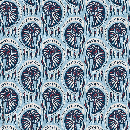 Indigo Blue Seashell nautical seamless pattern. Modern marine shell print in classic nantucket fabric textile hand drawn block print style. Summer 2 tone high contrast jpg tile swatch