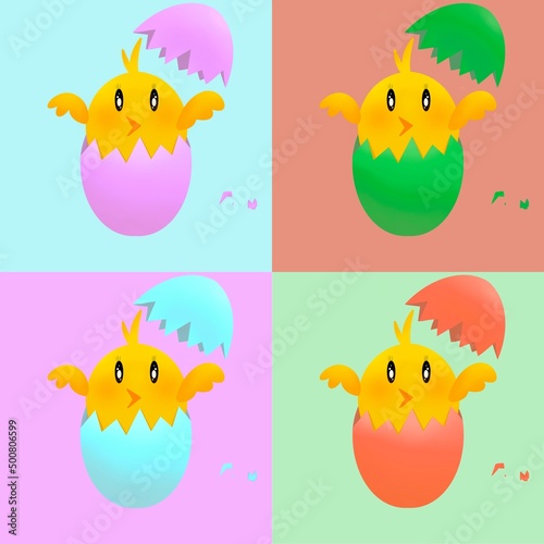 The seamless pattern for background. Cracked Easter egg with colorful cute chicks inside on four color pastel background.