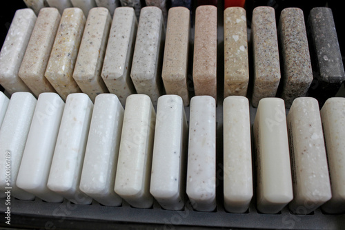 Luxury marble natural stone slabs for kitchen countertops and floor tiles. Samples of stone for countertops