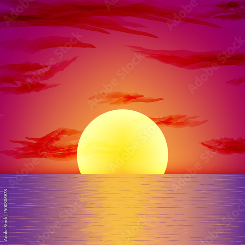 Panorama of sea sunset or ocean sunrise. Vector illustration of water and sky horizon, sun reflection