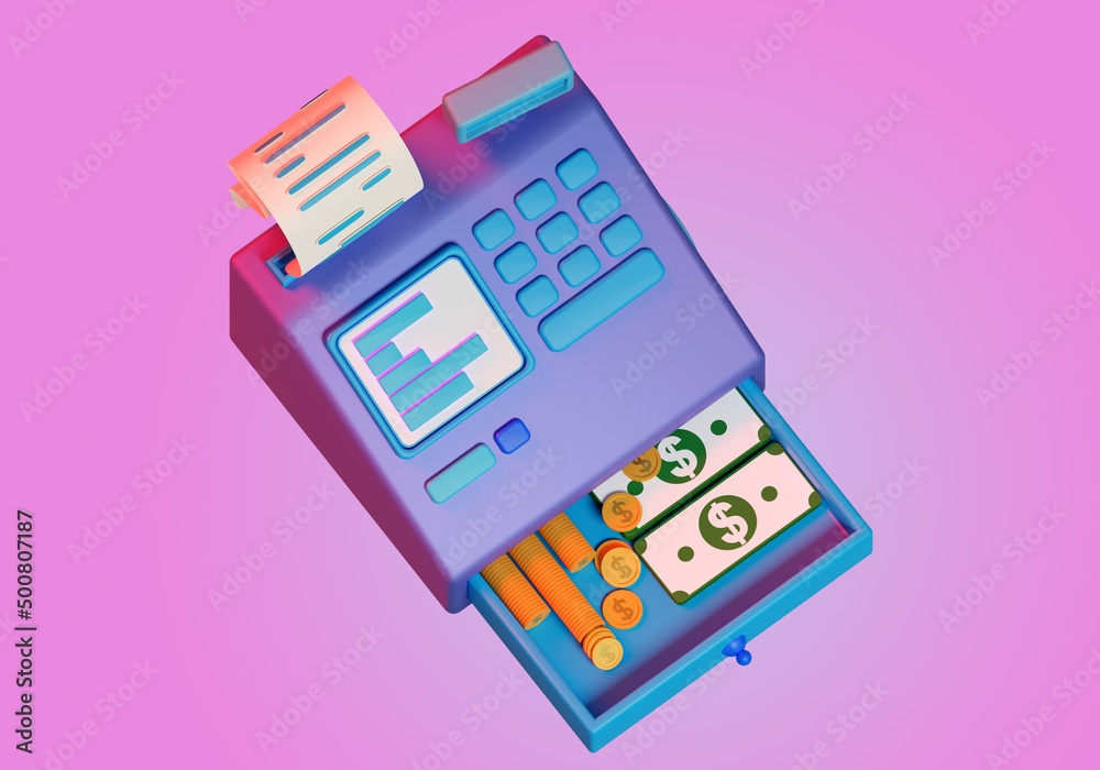 Cash register with money. Retail equipment. Apparatus for supermarket. Cash register with coins and banknotes. Concept shopping in supermarket. Acceptance of money for sold goods. 3d rendering. Cash register with money. Retail equipment. Apparatus for supermarket. Cash register with coins and banknotes. Concept shopping in supermarket. Acceptance of money for sold goods. 3d rendering.
