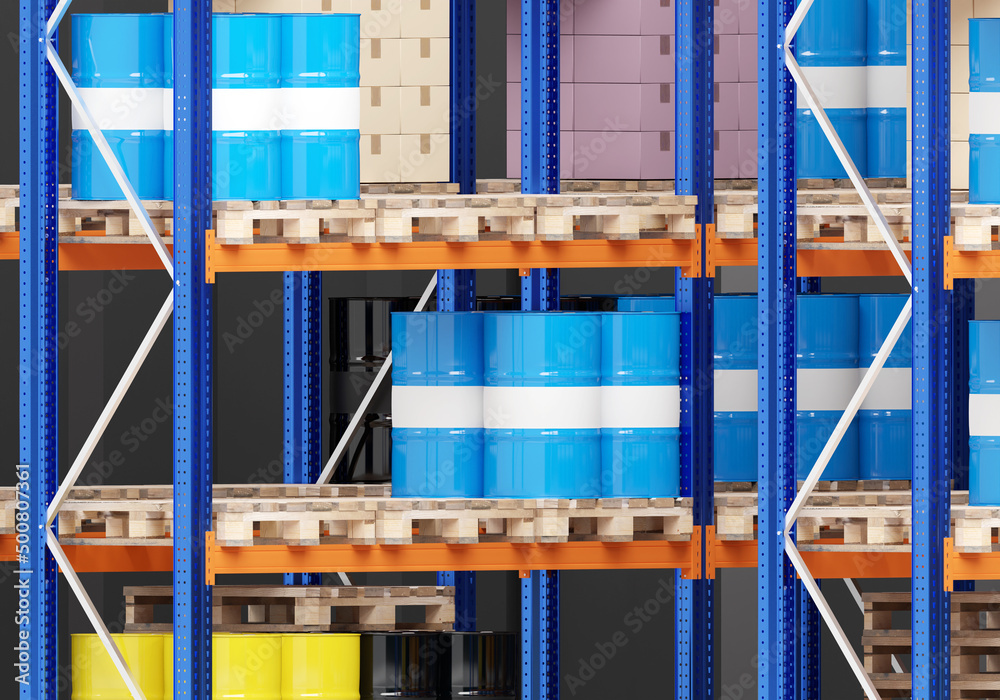 Oil refinery warehouse. Oil products on wooden pallets. Petroleum in plastic blue barrels. Metal barrels and boxes in stock. Barrels with crude oil. Petroleum industry logistics center. 3d rendering. Oil refinery warehouse. Oil products on wooden pallets. Petroleum in plastic blue barrels. Metal barrels and boxes in stock. Barrels with crude oil. Petroleum industry logistics center. 3d rendering.