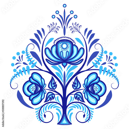 Blue isolated pattern with flowers, leaves and floral elements. Traditional classic ornament in style of cobalt painting on porcelain. Vintage pattern with arabesques.