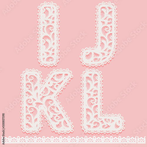 Letters I, J, K, L written of white lace isolated on pink background Lacy font and pattern brush border for label. Set cute lace alphabet symbols for design gift card or invitation