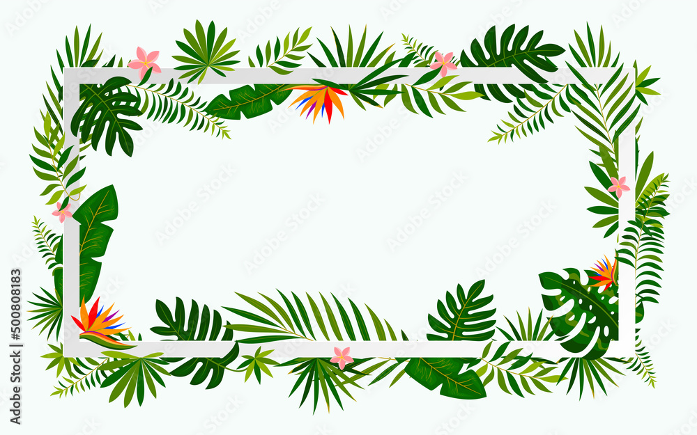 Tropical blossom leaf flower paper cut frame flat. Exotic light banner fresh plant design cosmetics ads background news board. Floral invitation wedding holiday travel love paradise island isolated