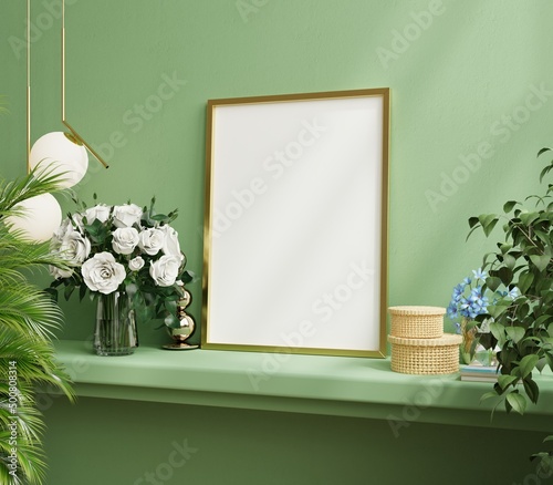 Mock up gold frame on the green shelf with beautiful plants.