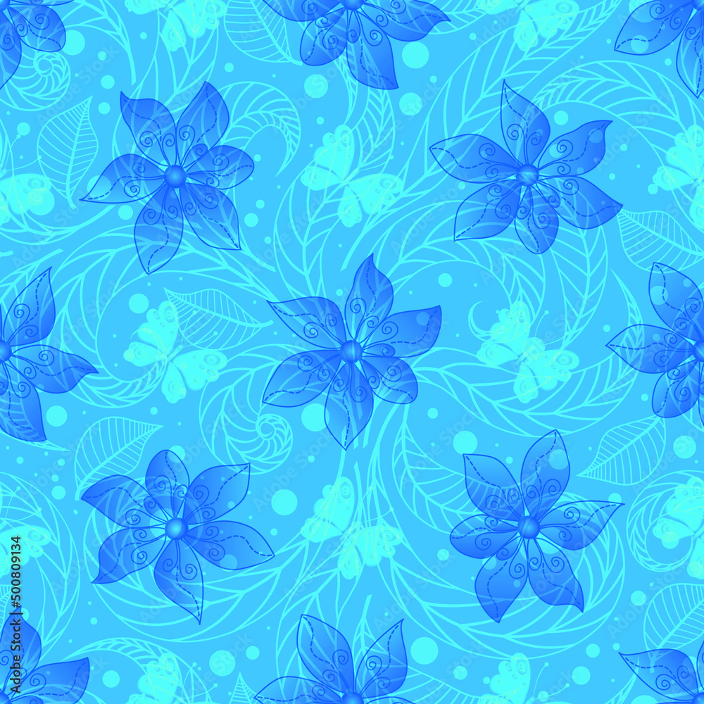 Delicate blue spring seamless pattern with translucent flowers and butterflies. Vector eps 10 Delicate blue spring seamless pattern with translucent flowers and butterflies. Vector eps 10