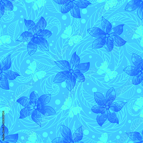 Delicate blue spring seamless pattern with translucent flowers and butterflies. Vector eps 10