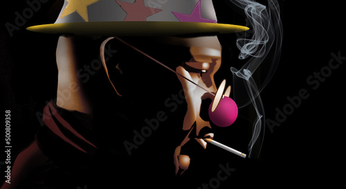 A serious looking African American middle aged man wears a clown nose and clown hat while smoking a cigarette in a 3-d illustration about perceptions versus reality.