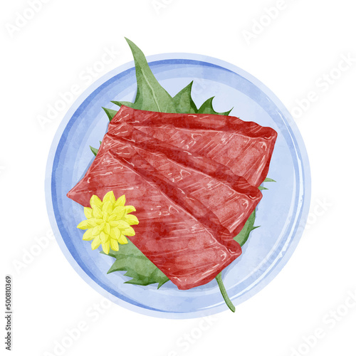 マグロ赤身のお刺身手描き水彩風イラスト