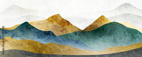 Abstract watercolor art background with mountains and hills in gold and blue tones. Vector banner with hills, mountains and sun for decoration, wallpaper, packaging, fabric, mural.