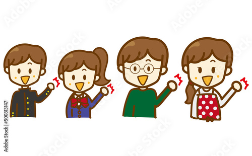 家族で一致団結する4人家族のイラスト・ガッツポーズ・学生・共働き夫婦・笑顔