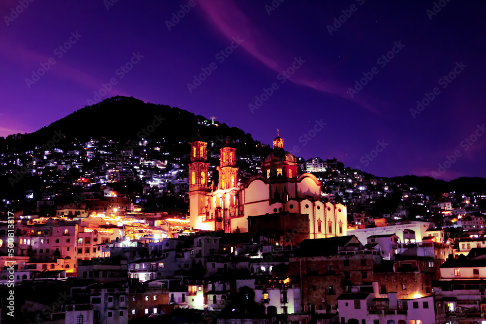 Magical town illuminated by warm lights and clear skies, Taxco, Guerrero, Mexico