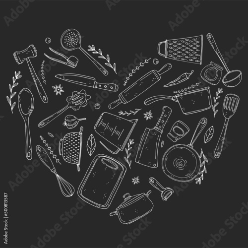 Heart made of elements with hand drawn kitchenware on a chalkboard background. Vector icons in black and white sketch style. Hand drawn isolated objects