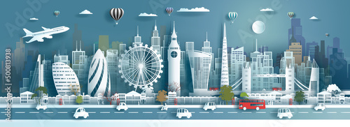 Illustration wallpaper travel landmarks architecture England in London famous city downtown. Tour Europe with panorama popular capital with society in cityscape, Vector illustration paper art style.