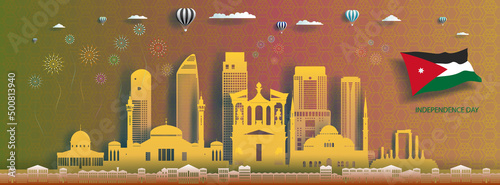 Anniversary celebration nation day Jordan with arab pattern background. Travel silhouette landmarks architecture of Jordan in amman with origami paper art, paper cut. Vector illustration