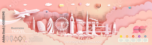 Modern banner cover business brochure design template for advertising with infographic. Travel England top world modern skyscraper and famous city architecture.Tour England landmark of europe.