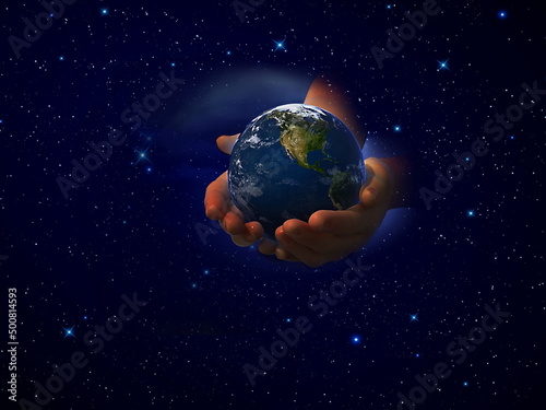  earth in hands on starry sky night cosmic univerce keep the peace e holding globus concept 