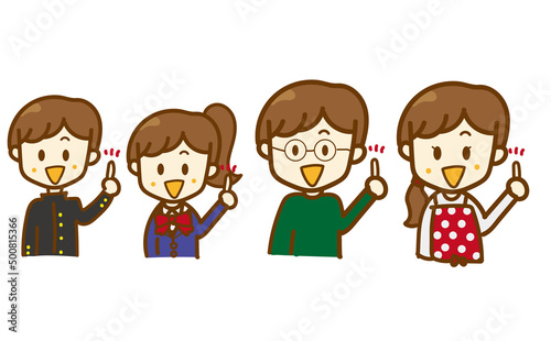 家族4人で指さしポーズをしているイラストセット。説明・案内・チェックポイント