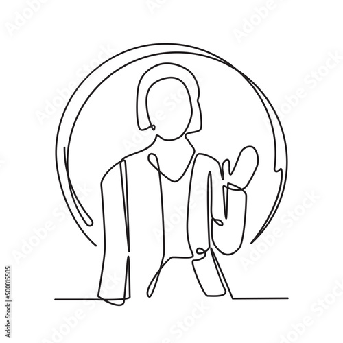 Business Woman Raising Hand Office Work Concept Continuous Line Drawing Illustration