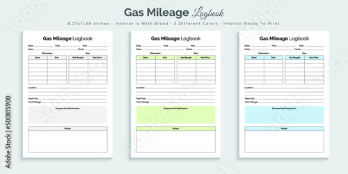 Gas mileage logbook planner journal and tracker printable kdp interior design template set 01