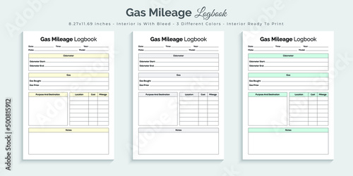 Gas mileage logbook planner journal and tracker printable kdp interior design template set 02