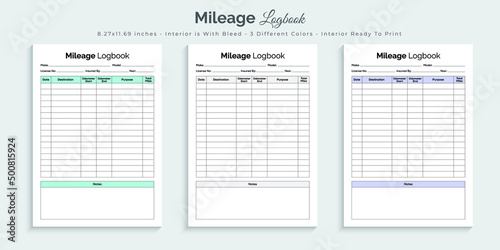 Mileage logbook journal planner and tracker printable kdp interior design template set 02