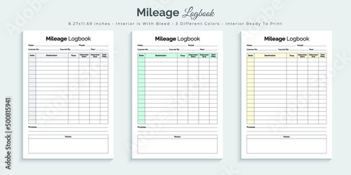 Mileage logbook journal planner and tracker printable kdp interior design template set 01