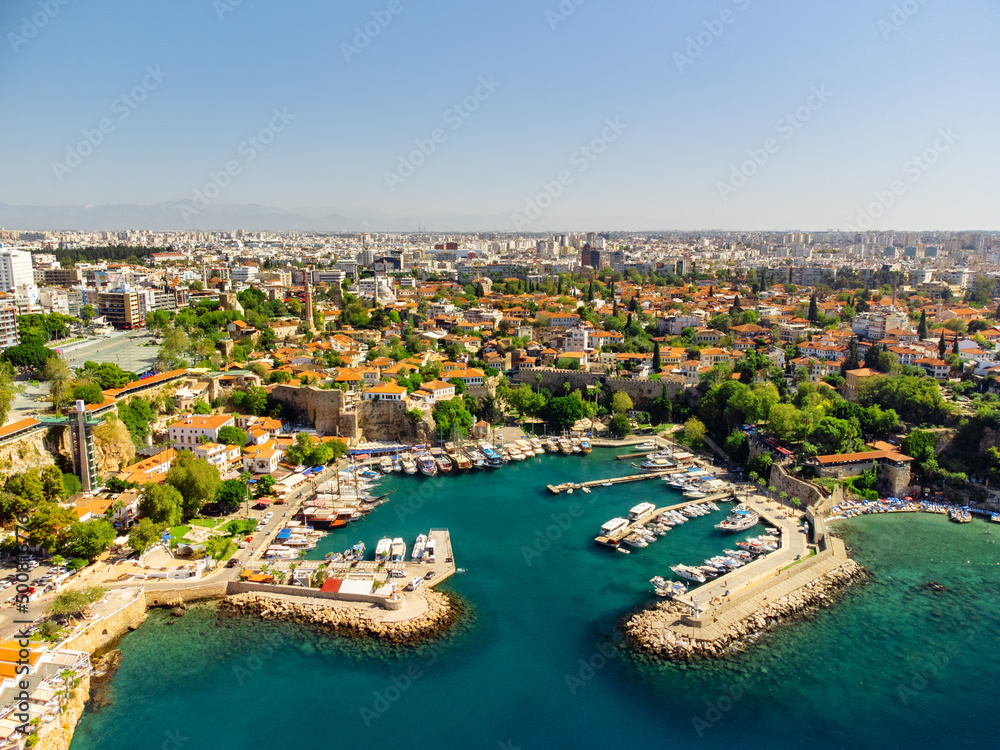 Fototapeta premium Aerial view of the Ottoman Houses and Old Antalya Marina