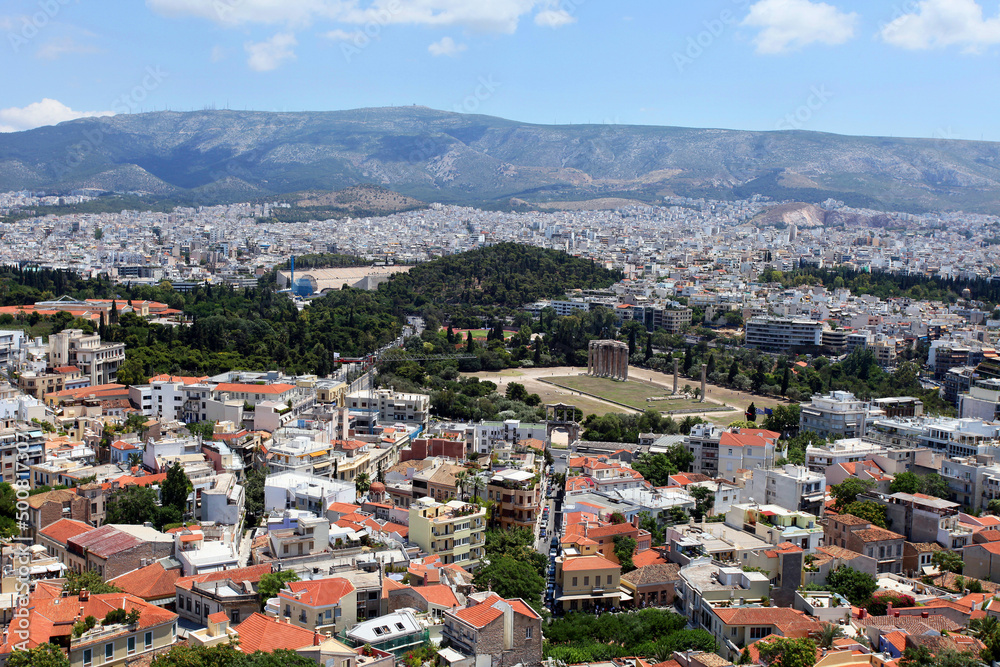 Olympian Zeus Temple and Athens City from Acropolis in Greece. Athens is one of the world's oldest cities.