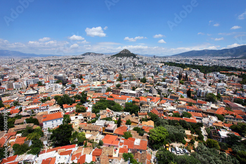 Athens city behind Mount Lycabettus from Acropolis in Greece. Athens is one of the world's oldest cities.