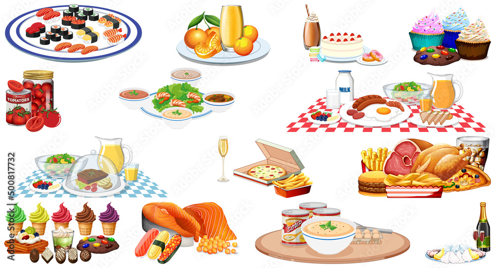 Set of different foods and beverages Set of different foods and beverages