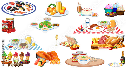 Set of different foods and beverages