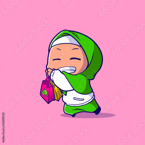 cute girl muslim with a lot shopbag feeling happy