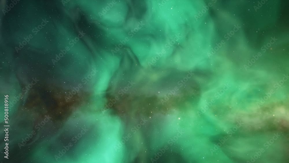 Traveling through space nebula and star fields in deep space. 3D animation